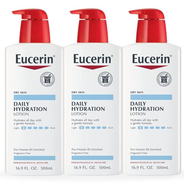 Eucerin Daily Hydration Body Lotion, Unscented Body Lotion for Sensitive Dry Skin, 16.9 Fl Oz Pump Bottles, 3 Pack